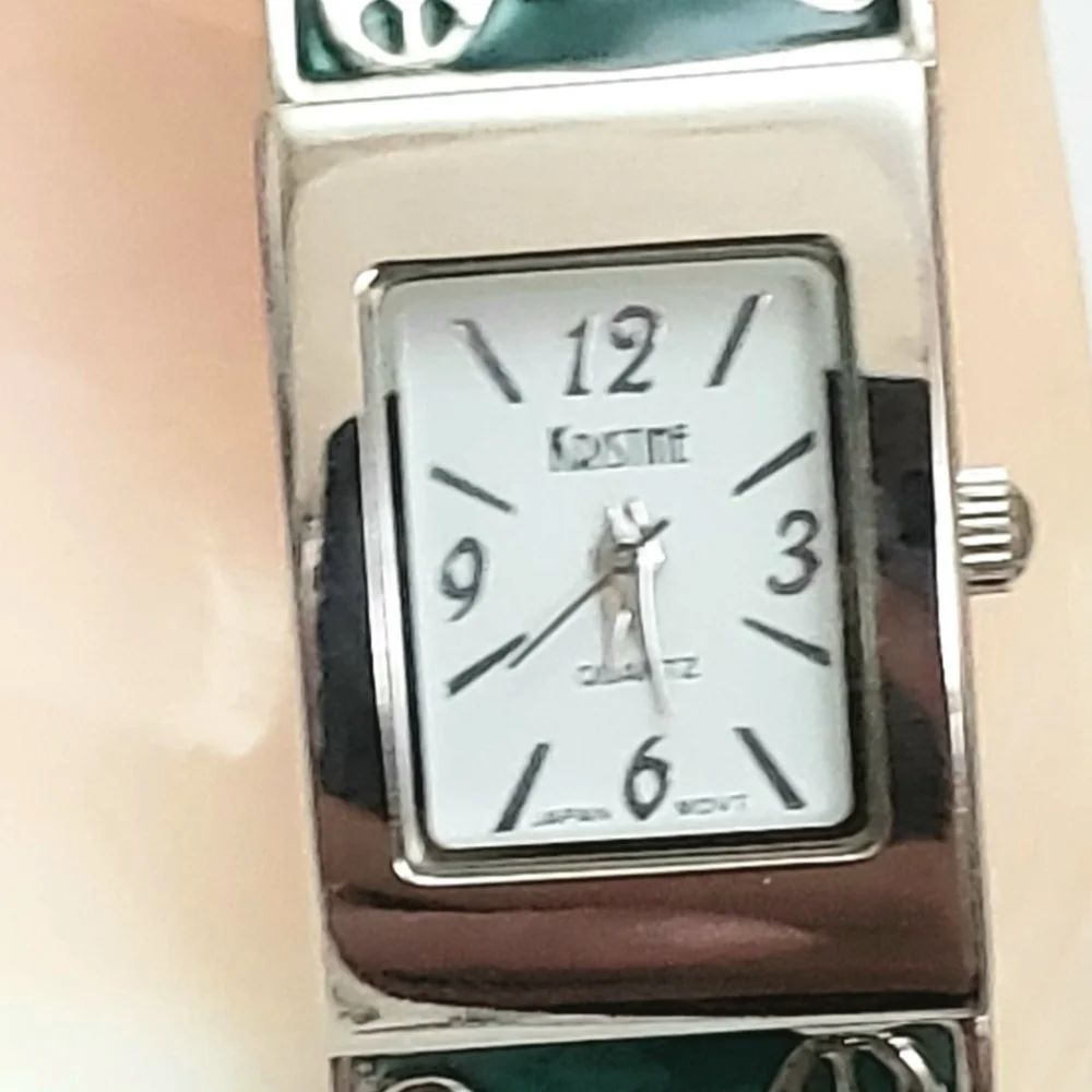 Green Kristine Engraved Butterfly Enamel Cuff Watch Silver Band Quartz